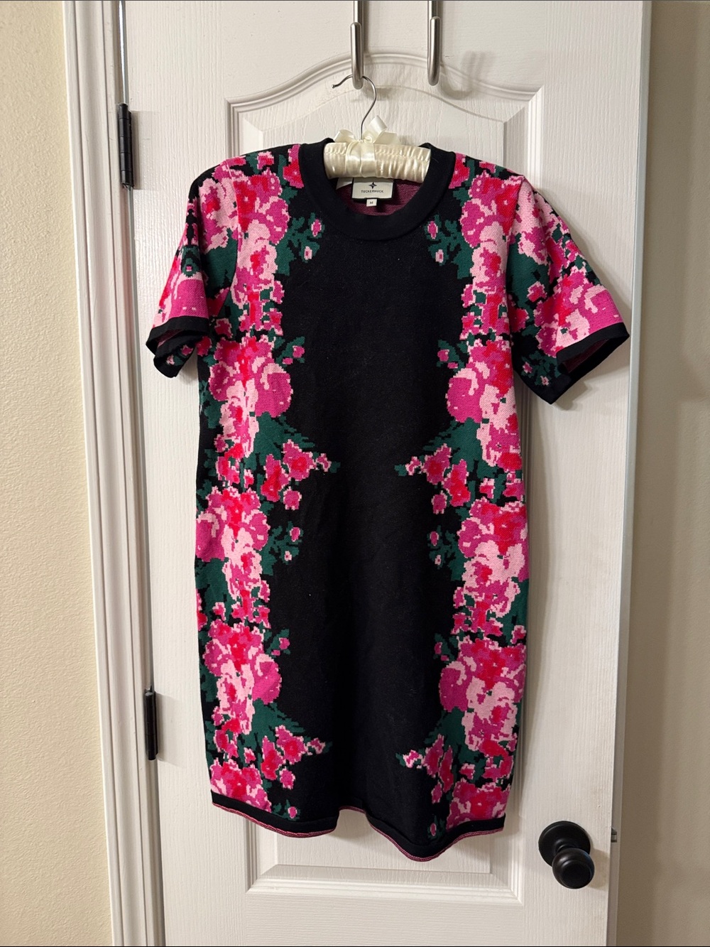 Tuckernuck Black Floral Knit Shift Dress with Pink and Green Accents